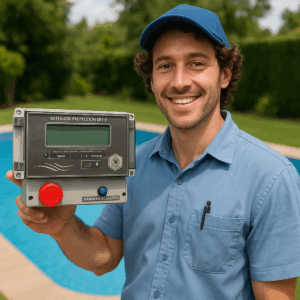 Técnico junto a la piscina